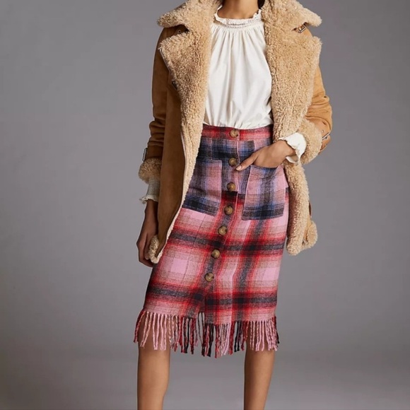 Anthropologie Dresses & Skirts - NWT Anthropologie Maeve Pink Combo Plaid Fringe Skirt Women's 10 Petite